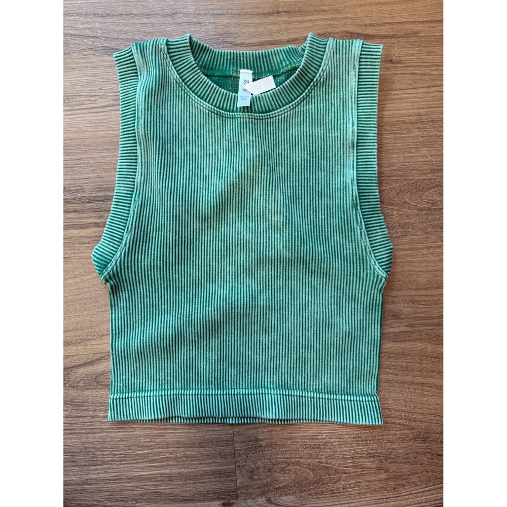 Zenana Ribbed Mineral Wash Crop Top Green Sleeveless Tank Small/Medium